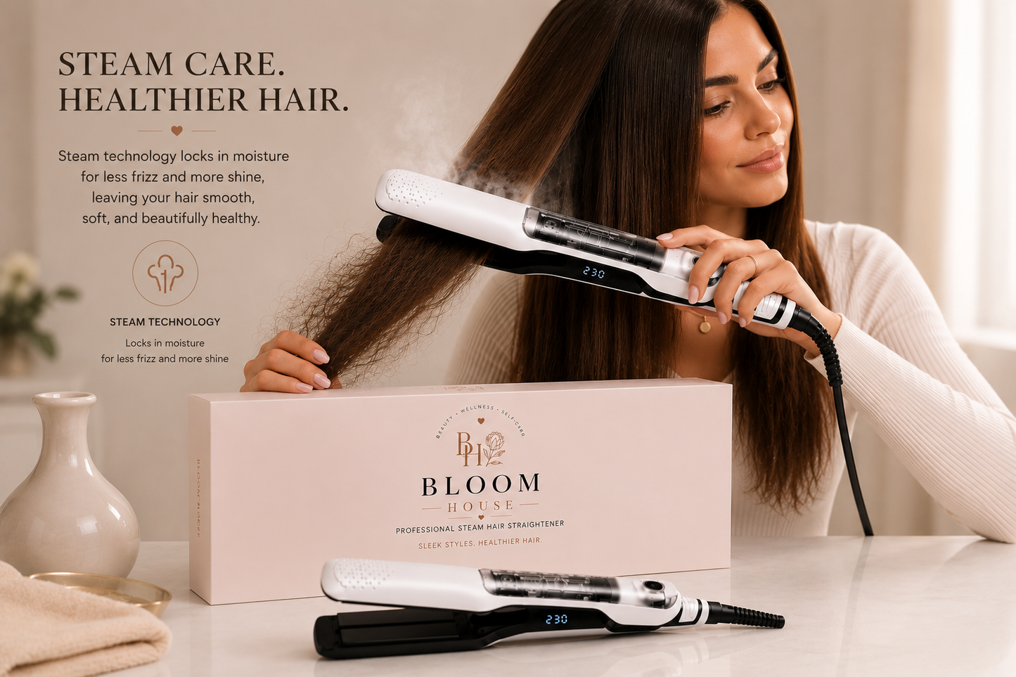 Bloom House™ Silky Smooth Steam Styler (Hair Straightener)